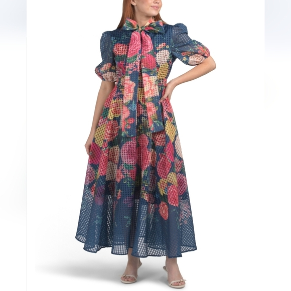 Dalia Macphee Puff Sleeve Tie Neck Floral Maxi Dress - Picture 7 of 7